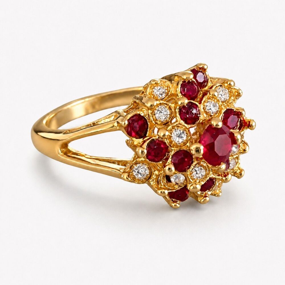 Vintage 1970s Ring Size 8 Red Austrian Crystal Cluster Gold Plated Band - 12V